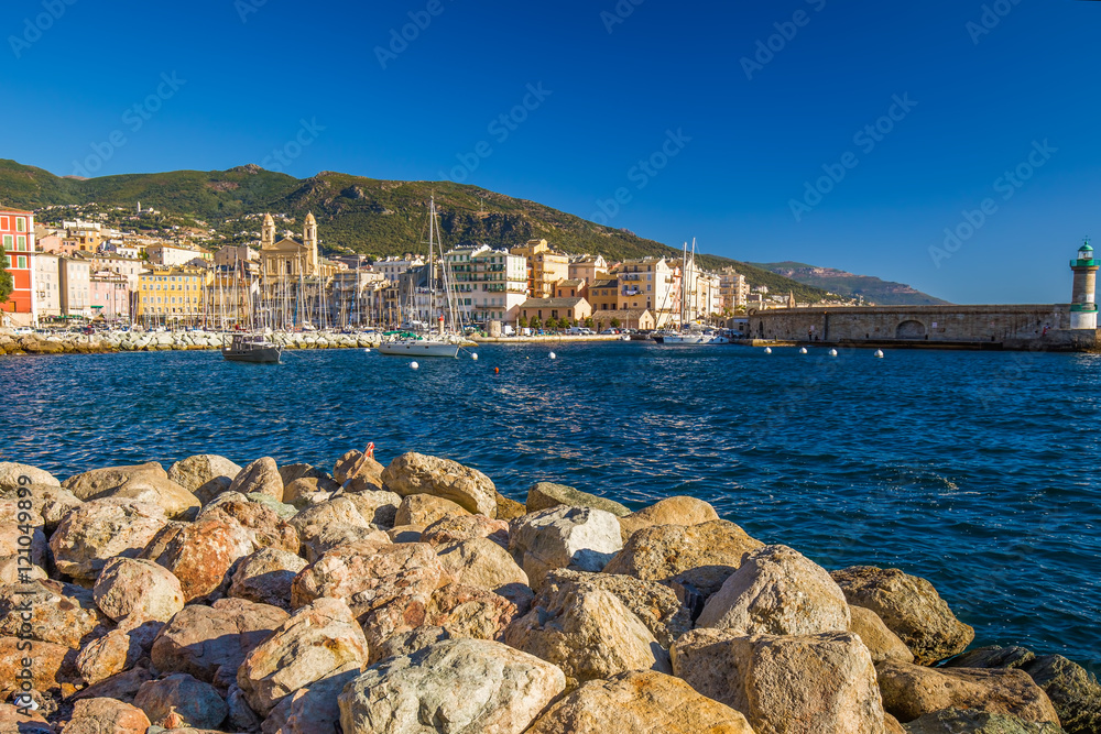 Historic center of Bastia with Joannis Babtistes Cathedral and harbour