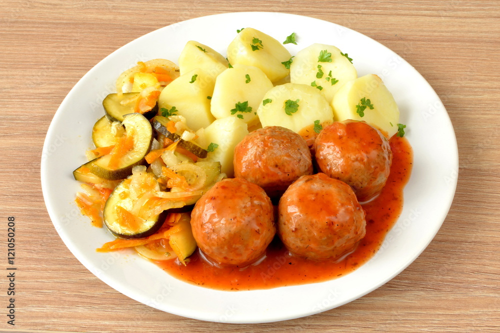 klopsy w sosie pomidorowym z ziemniakami i sałatką z cukinii klopsy w sosie pomidorowym z ziemniakami i sałatką z cukinii