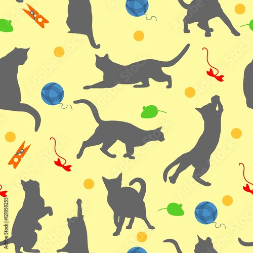 Seamless pattern with cats player. Cats and toys in flat style on yellow background. Vector illustration. Can be used for textile, book cover, packaging, website background, labels.