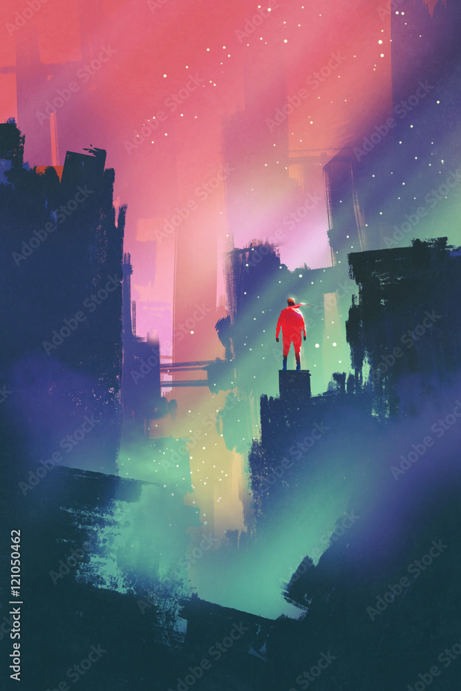 Fototapeta premium night scenery with red man standing on abandoned city,illustration painting