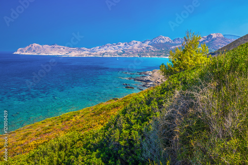 Stunning coastline view near Licciola on Corsica island photo