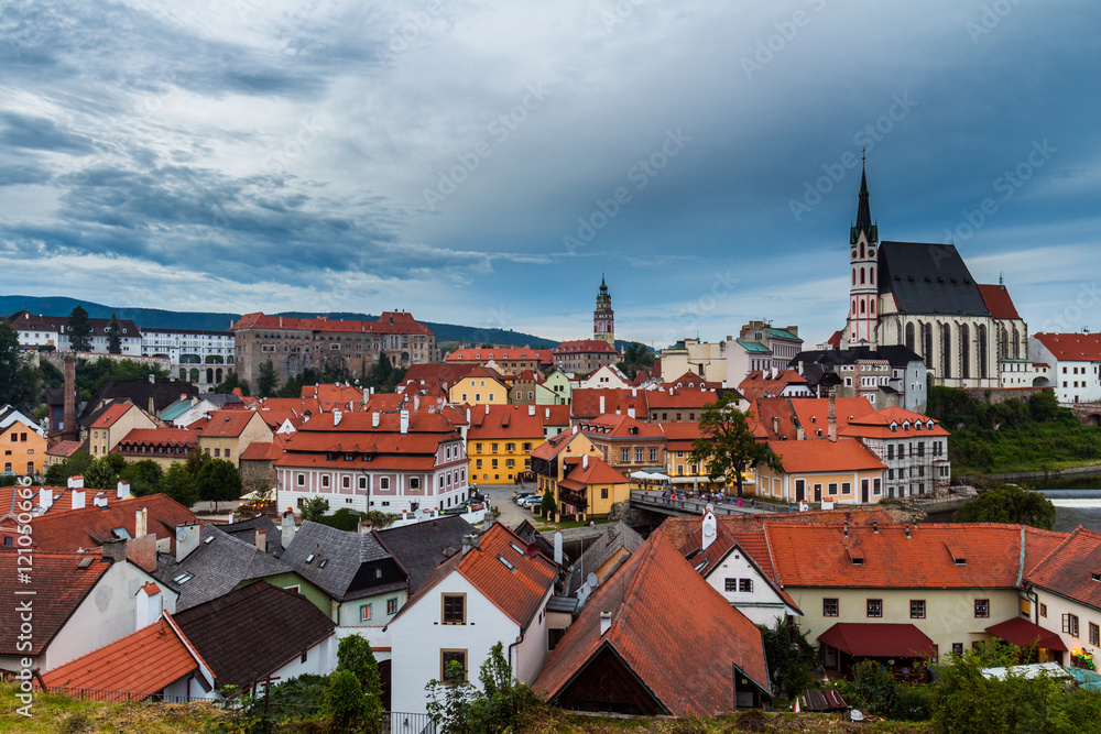 View of Cesky Krumlov at night, Czech Republic. UNESCO World Heritage Site.