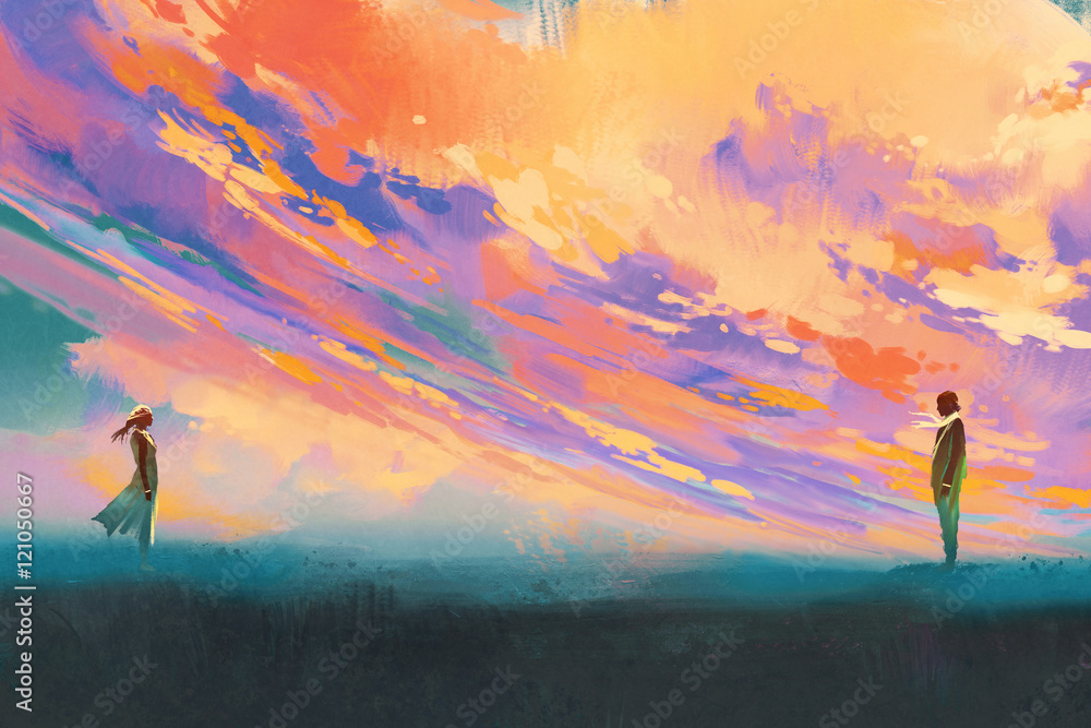 man and woman standing opposite of each other against colorful sky,illustration painting
