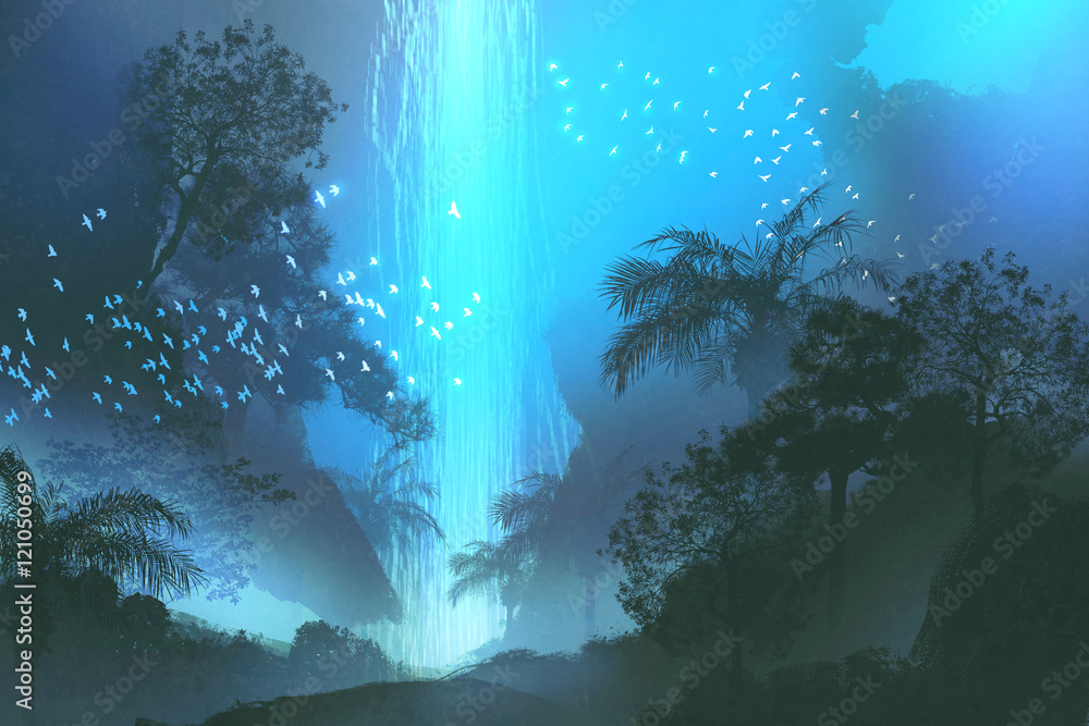 Fototapeta premium night scenery showing blue waterfall in forest,landscape painting,illustration