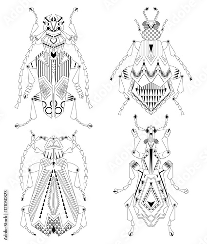 Set of 4 various insects. Black and white.