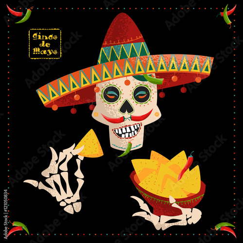 Cinco de Mayo. Smiling Mexican skull with jalapeno pepper mustache in sombrero eating nachos. Mexican tradition.
