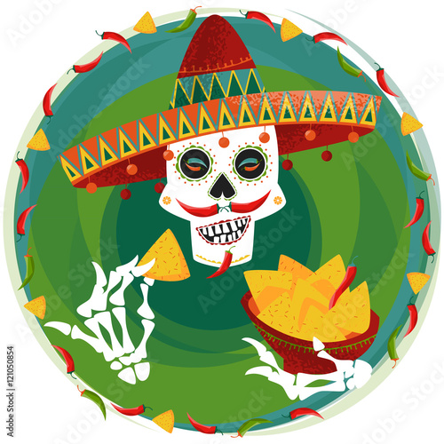 Mexican food. Smiling skull with jalapeno pepper mustache in sombrero eating nachos.