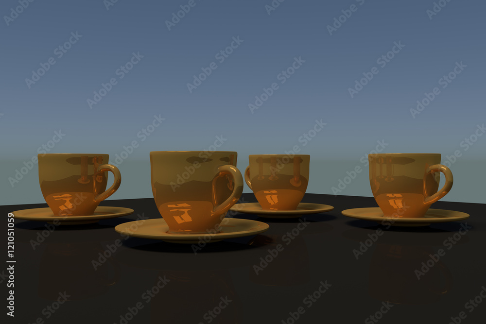 3D-Rendering von vier goldenen Kaffeetassen mit Untertasse auf einem dunklen, spiegelnden Tisch