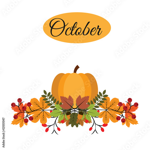 October banner with pumpkin, autumn leaves and berries