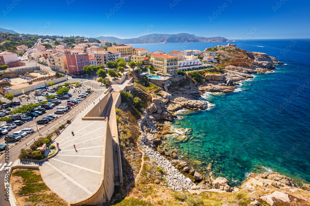 Beautiful Corsica coastline and historic houses in Calvi