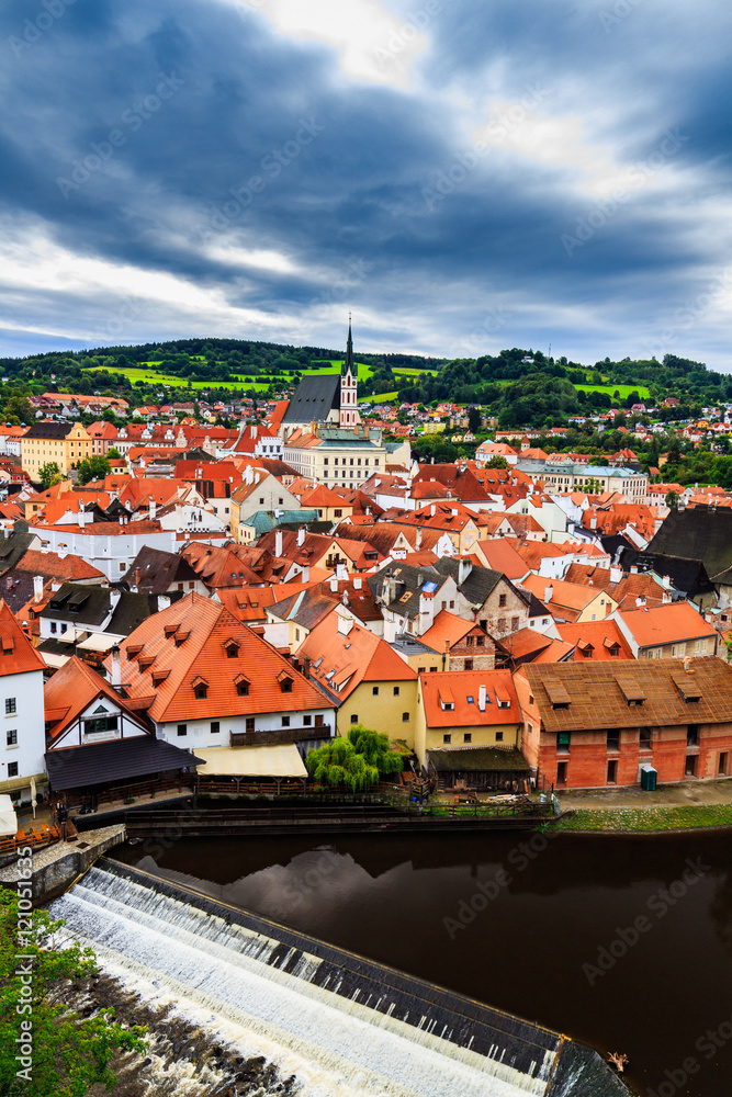 Aerial view of castle and houses in Cesky Krumlov, Czech republic. UNESCO World Heritage Site.