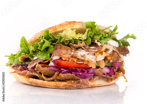 close up of kebab sandwich. photo