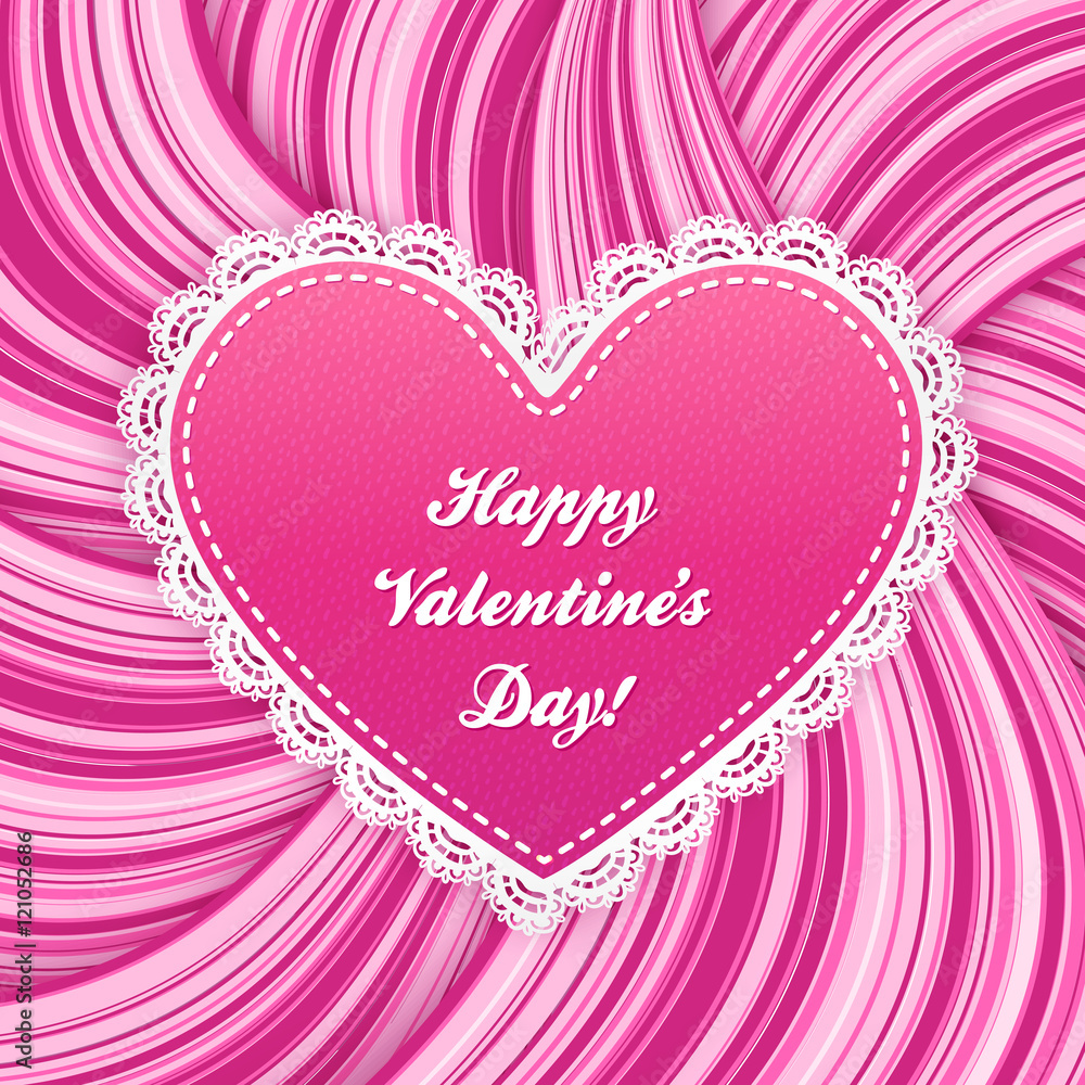 Pink vector lacy heart on wavy lines background