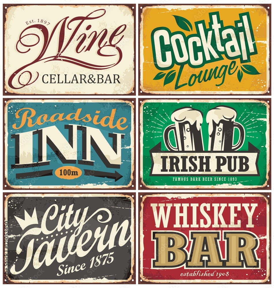 Vintage tin signs collection with various drinks and beverages themes