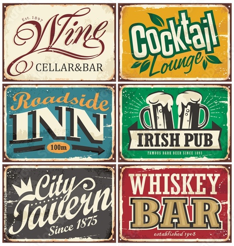 Vintage tin signs collection with various drinks and beverages themes