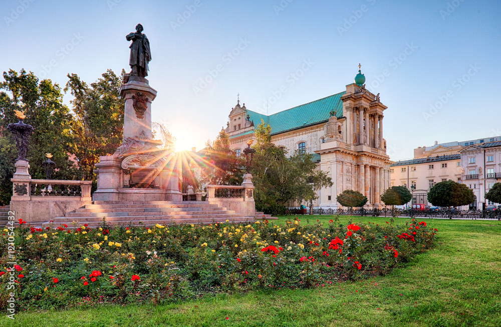 Fototapeta premium Warsaw - Adam Mickiewicz monument at Krakowskie Przedmiescie Str