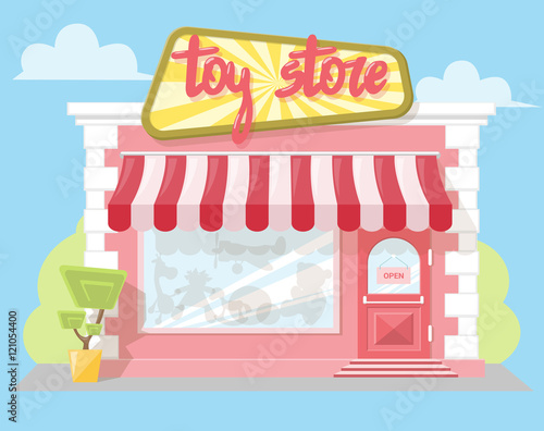 Facade toy store with a signboard, awning and playthings in shopwindow. Abstract image in a flat design. Front shop for Concept brochure or banner. Vector illustration isolated on blue background