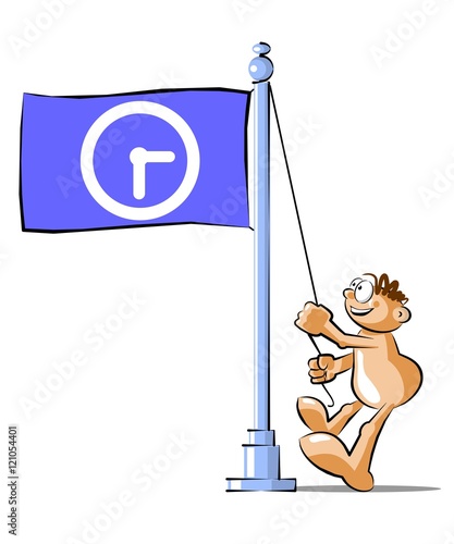 Cartoon raising a flag with clock symbol