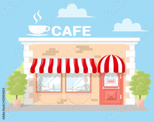Fototapeta Naklejka Na Ścianę i Meble -  Facade cafe with a signboard, awning and silhouettes people in shopwindow. Abstract image in a flat design. Front shop for Concept brochure or banner. Vector illustration isolated on blue background