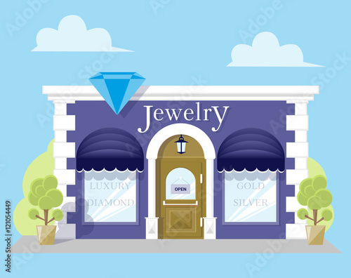 Facade jewelry store with a signboard, awning and silhouettes title in shopwindow. Image in a flat design. Front shop for Concept brochure or banner. Vector illustration isolated on blue background
