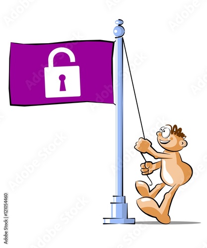 Cartoon raising a flag with open padlock symbol