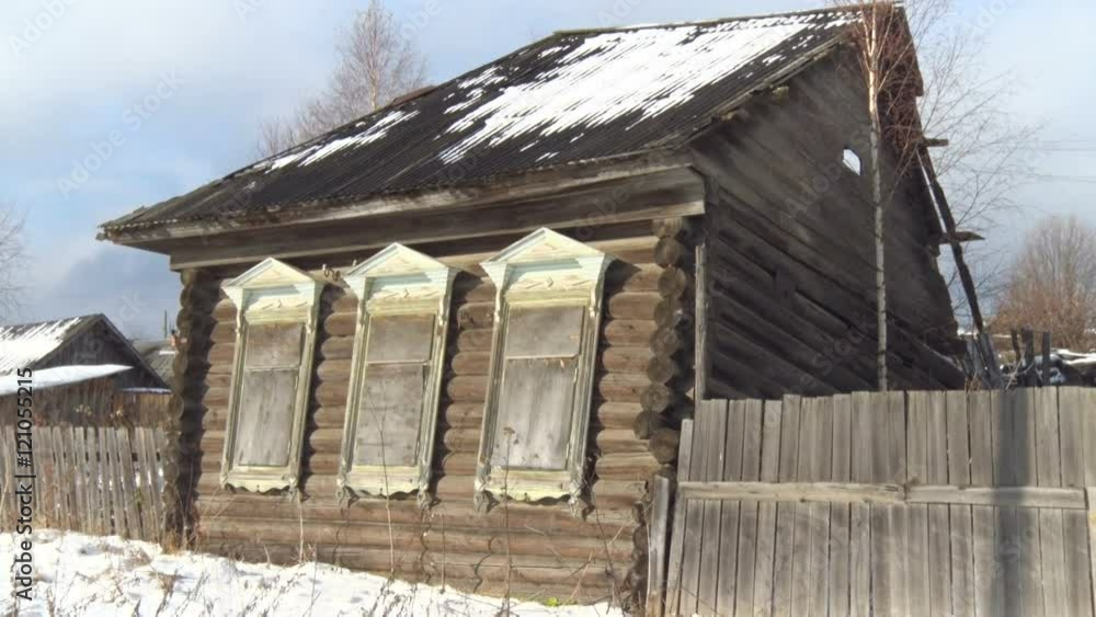 Russian Countryside. Authentic Old House. Blue Winter Sky Russian Countryside. Authentic Old House. Blue Winter Sky