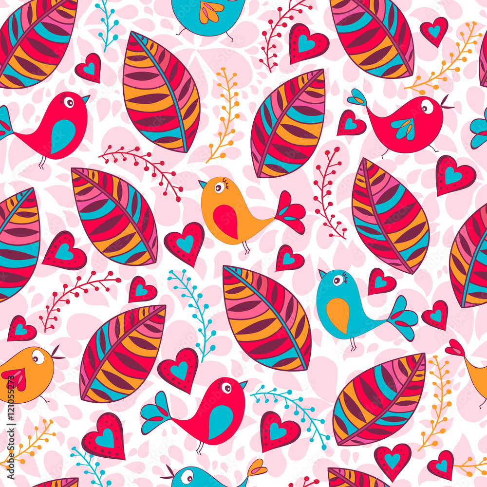 Vector flower pattern. Seamless texture, detailed birds, flowers, leaves illustrations. Floral pattern in doodle style, spring floral background. Vector flower pattern. Seamless texture, detailed birds, flowers, leaves illustrations. Floral pattern in doodle style, spring floral background.