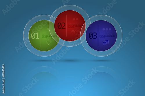 Three steps timeline business infographics in shape of circle with steel frame and transparent glass outer circle. 3 option modern diagram with reflection on blue gradient backdrop with icons