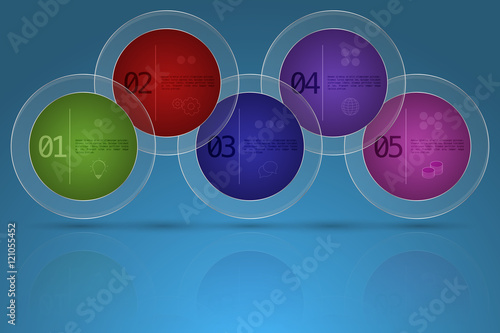 Modern five steps business timeline infographics in rounded shape with transparent glass outer circle on gradient blue backdrop with reflection. 5 options colorful rounded diagram with outline icons.