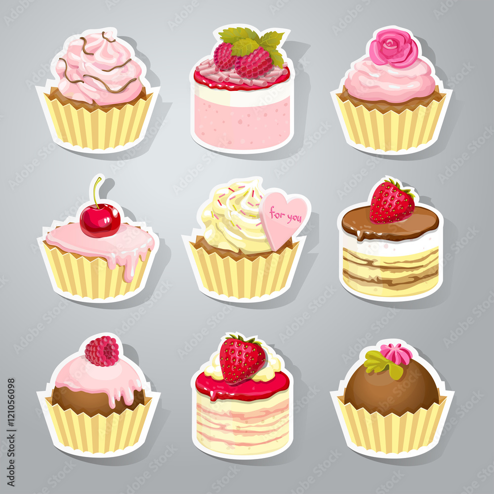 Cute stickers with sweet cupcakes with cream, chocolate and berries. Vector illustration Cute stickers with sweet cupcakes with cream, chocolate and berries. Vector illustration