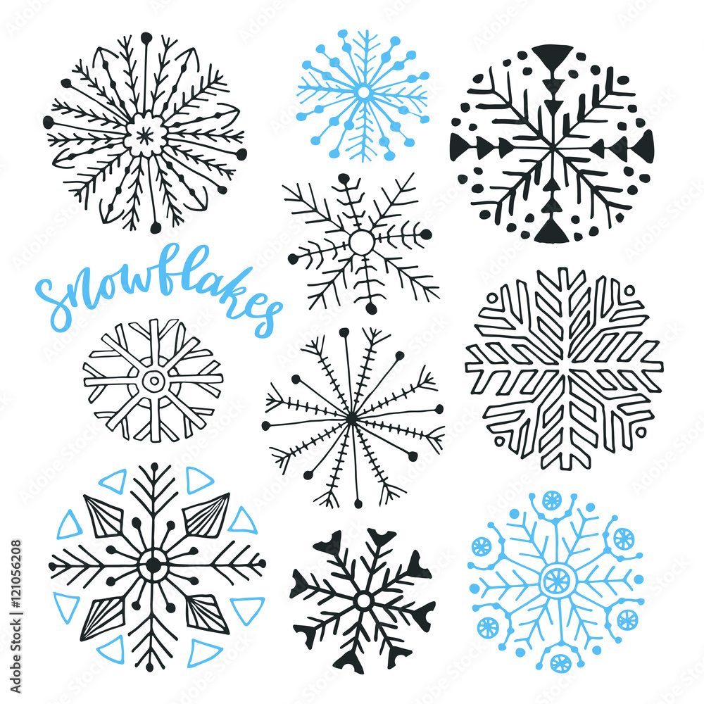 Snowflakes hand drawn vector collection. Winter isolated decoration for Christmas and New Year design Snowflakes hand drawn vector collection. Winter isolated decoration for Christmas and New Year design