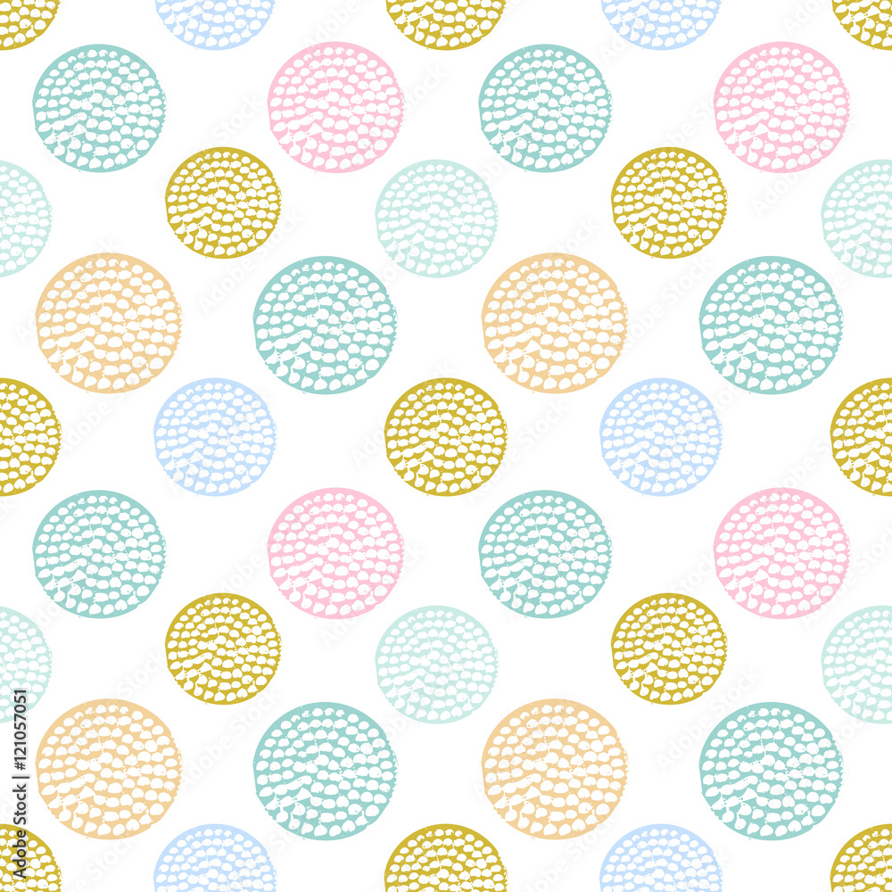Fototapeta premium Colorful grunge abstract seamless pattern with different shabby round shapes - circles, rings. Dotted, infinity textured circles background. Vector illustration
