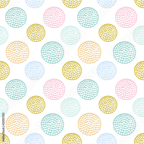 Colorful grunge abstract seamless pattern with different shabby round shapes - circles, rings. Dotted, infinity textured circles background. Vector illustration