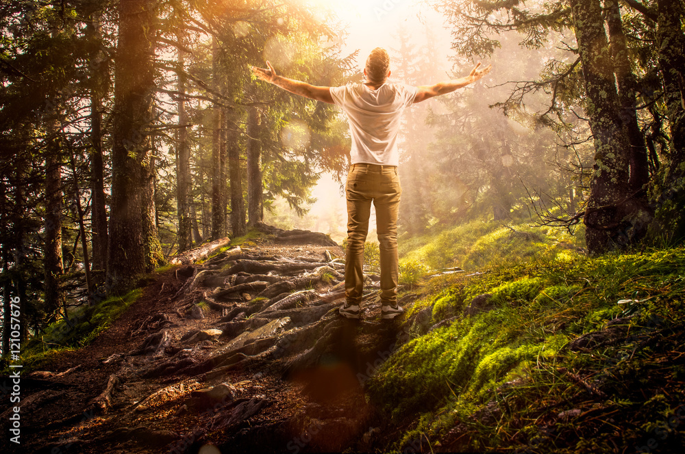 Fototapeta premium Mann steht im Wald und genießt die Sonne