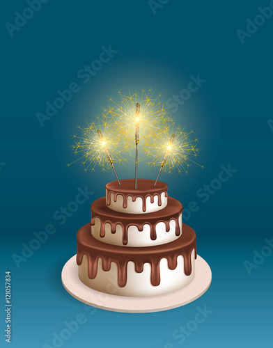 Birthday realistic 3d vector cake with sparkler. Illustration for poster or birthday postcard. Melting chocolate icing