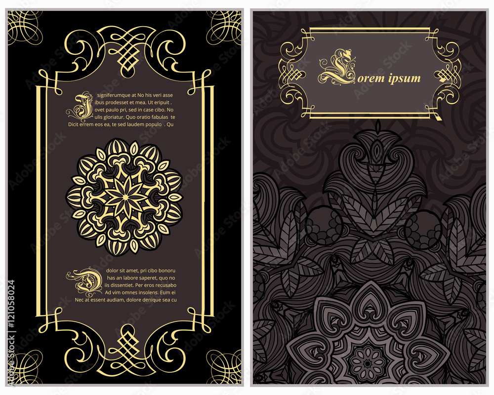 Set of flyer pages ornamental illustration stylized gold concept. Luxury art traditional, Islam, arabic, indian, ottoman motifs, elements. Vector decorative retro greeting card or invitation design.