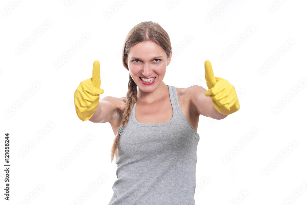 Woman ready for cleaning with rubber gloves and smiling Woman ready for cleaning with rubber gloves and smiling