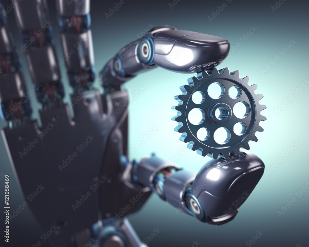 Robotic hand holding a gear. Concept of mechanical engineering and