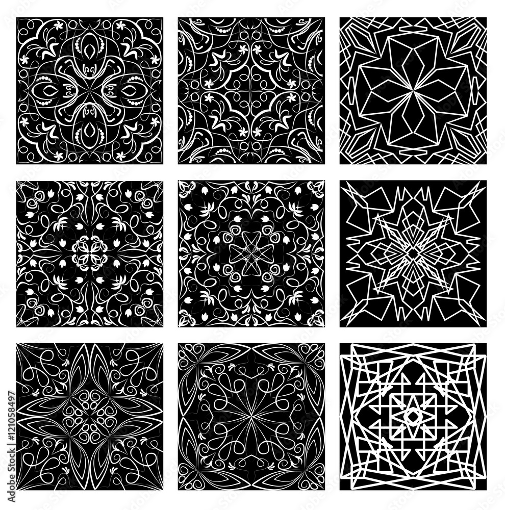 Set of monochromatic vintage filigree lace patterns, white line on black  background, art nouveau style. Geometric symmetric repeatable ornament,  easy editable colors in design elements Stock Vector