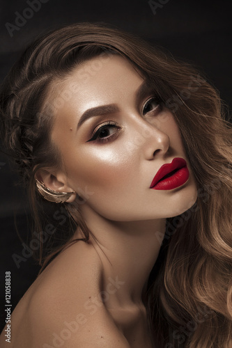 Close up portrait of a model with red lips. Fashion beauty shot.