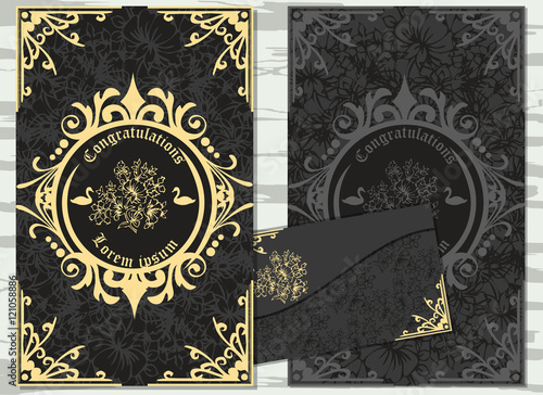 Set of flyer pages ornamental illustration stylized gold concept. Luxury art traditional, Islam, arabic, indian, ottoman motifs, elements. Vector decorative retro greeting card or invitation design.