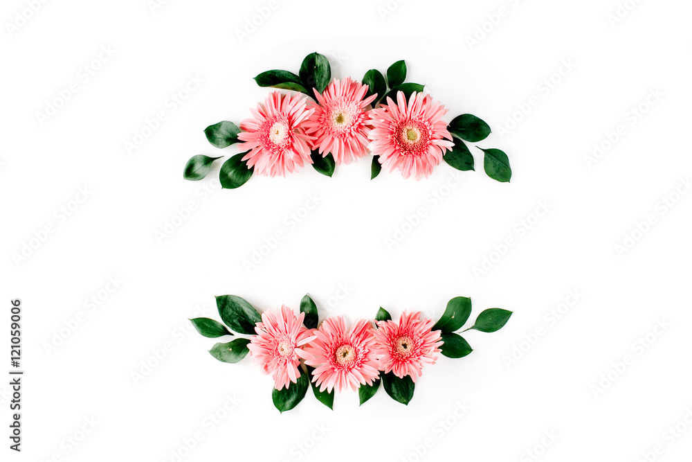 Pink gerbera daisy on white background. Flat lay. Frame wreath Pink gerbera daisy on white background. Flat lay. Frame wreath