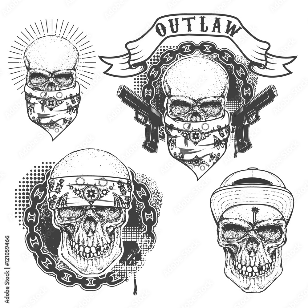 Set of gangster tattoo. Hand drawn skull with bandana. Skull in Stock  Vector | Adobe Stock