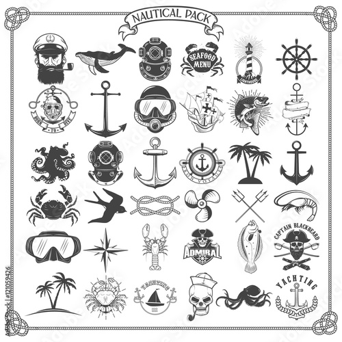 Big set of design elements for nautical emblems, seafood restaur