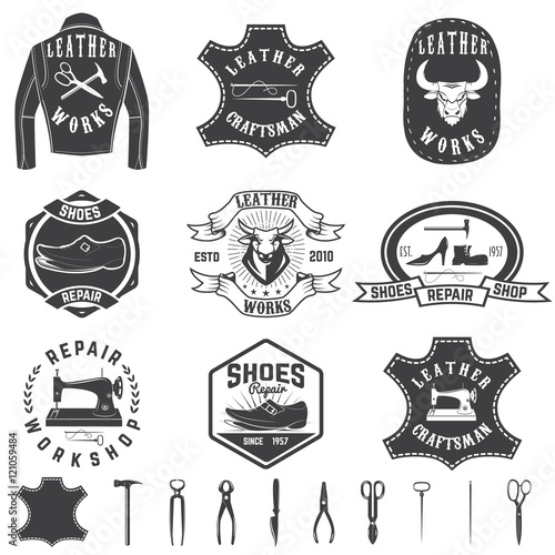 Set of repair workshop labels and design elements. Leather works