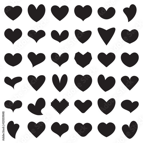 36 black shapes of heart symbols isolated on white background. Vector illustration