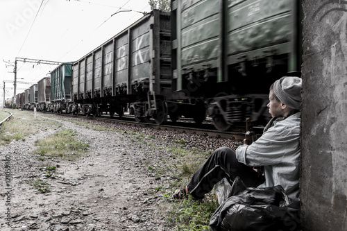 Fotografija Homeless woman near the rail track