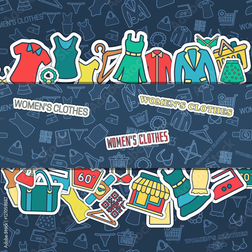 Fashion styles collection banners set, Many object purchased in the shop. Shopping background concept. In flat thin lines outline style icons with shop label design illustration. © vectorjazz