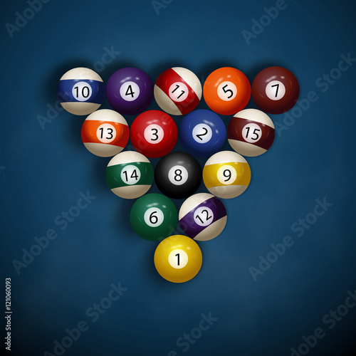 Billiard balls and cue on blue cloth. Eight American pool. Pyramid. Logo for the billiard club.