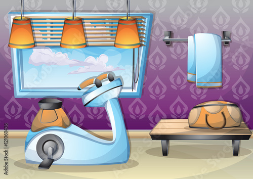 cartoon vector illustration interior fitness room with separated layers in 2d graphic